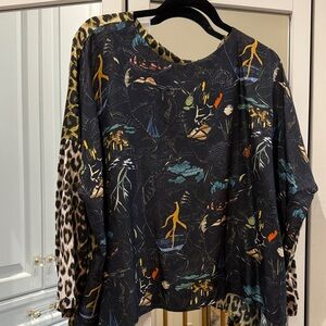 Black Printed Mixed-Pattern Blouse with Leopard Accents